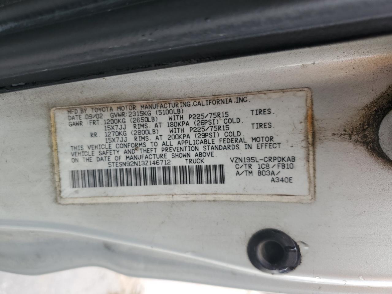 2003 Toyota Tacoma Xtracab Prerunner VIN: 5TESN92N13Z146712 Lot: 58735255
