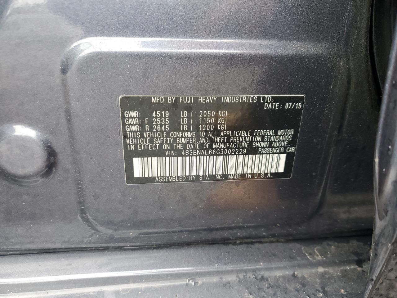 2016 Subaru Legacy 2.5I Limited VIN: 4S3BNAL66G3002229 Lot: 57109075