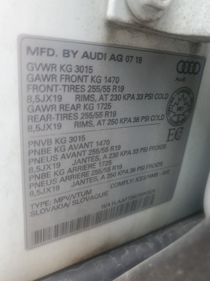 2019 Audi Q7 Premium Plus VIN: WA1LAAF73KD000326 Lot: 54369365