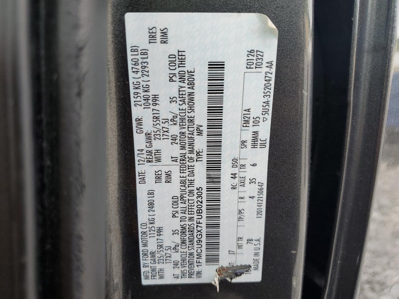 2015 Ford Escape Se VIN: 1FMCU9GX7FUB02305 Lot: 56937455