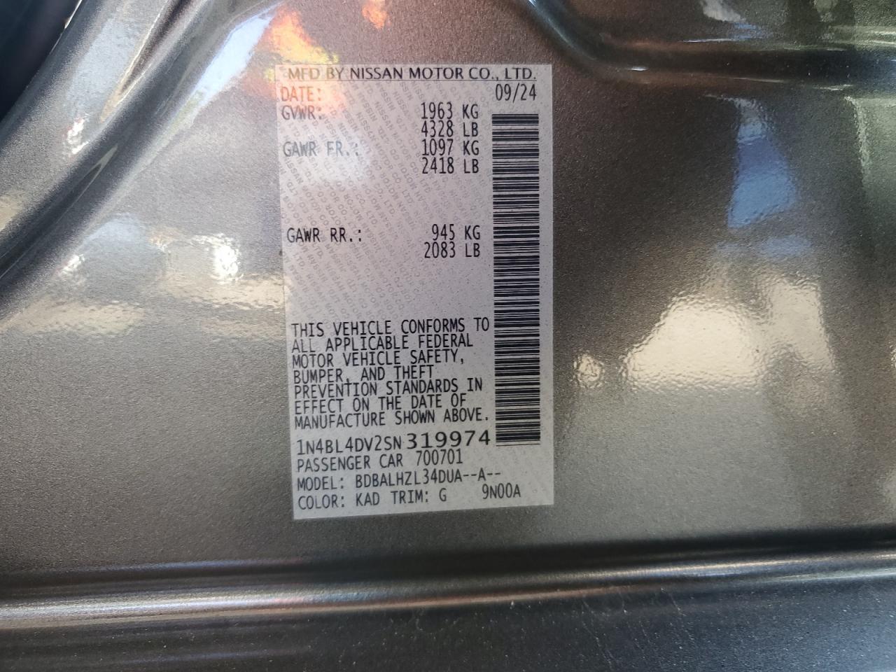 2025 Nissan Altima Sv VIN: 1N4BL4DV2SN319974 Lot: 56155615