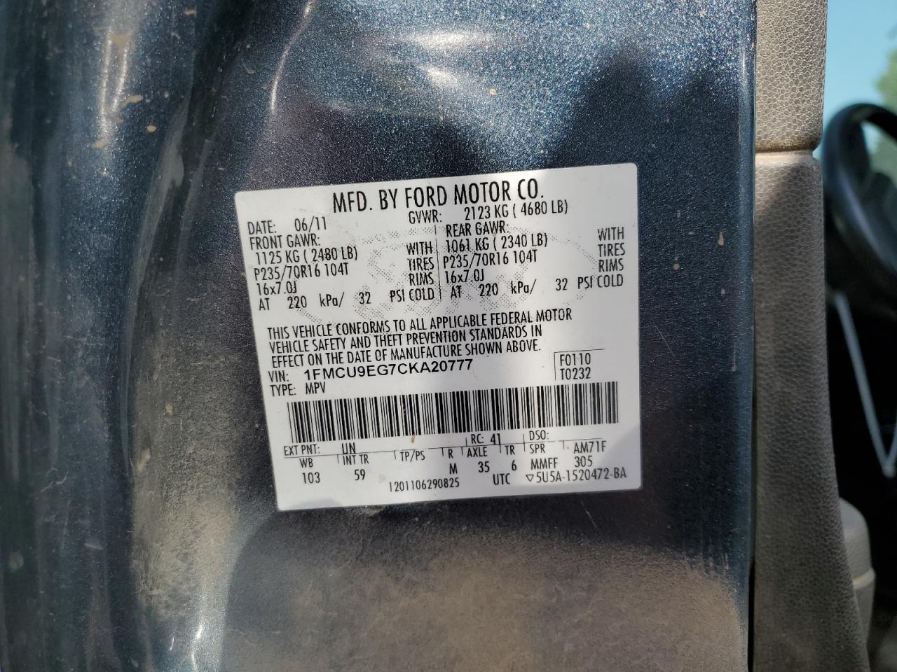 2012 Ford Escape Limited VIN: 1FMCU9EG7CKA20777 Lot: 57095835