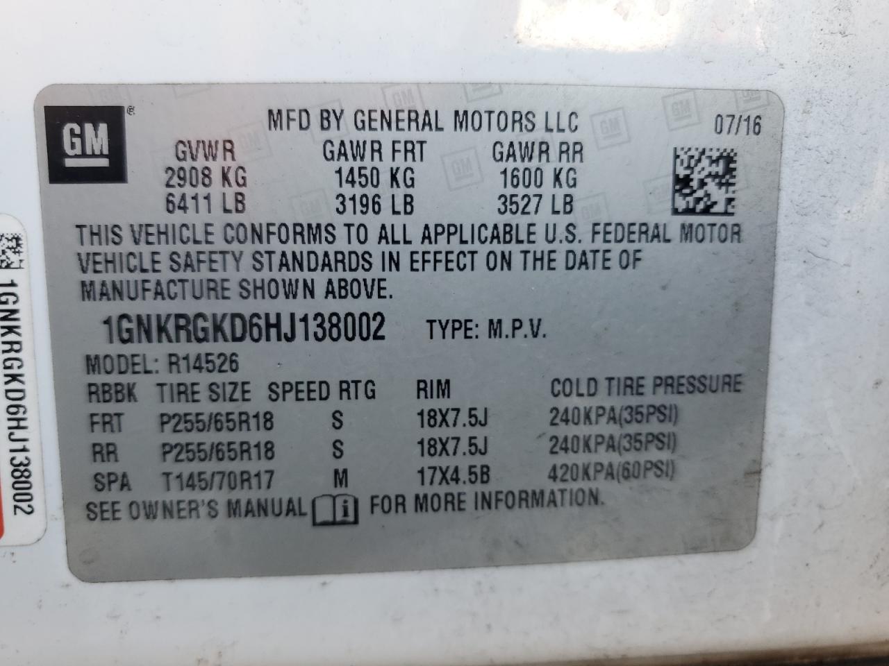 1GNKRGKD6HJ138002 CHEVROLET TRAVERSE 2017