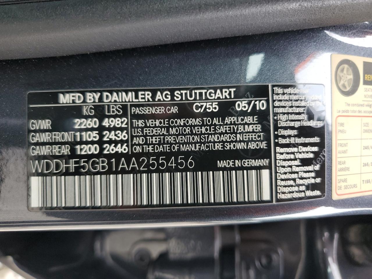 2010 Mercedes-Benz E 350 VIN: WDDHF5GB1AA255456 Lot: 57782985