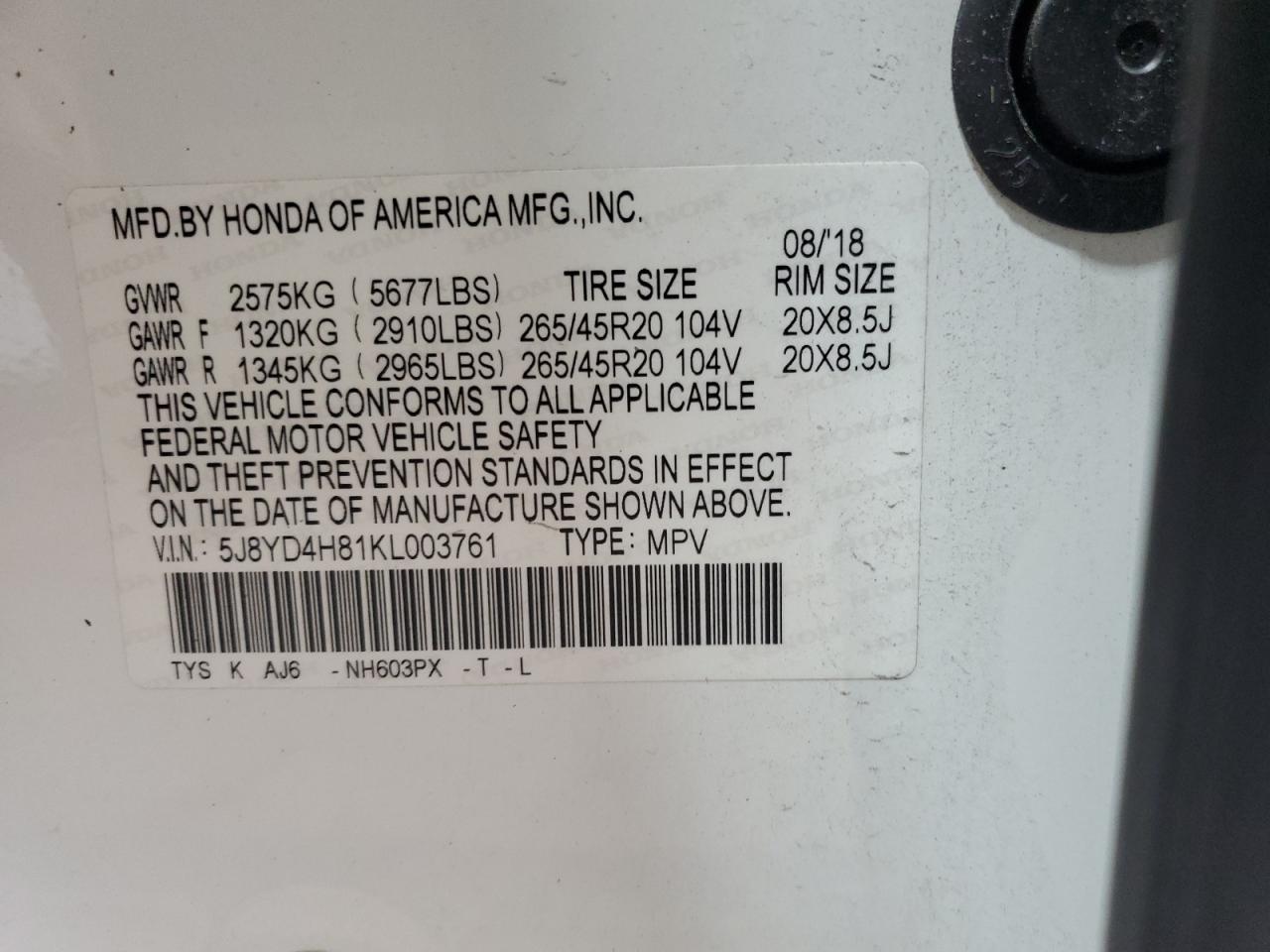 2019 Acura Mdx Advance VIN: 5J8YD4H81KL003761 Lot: 56659195
