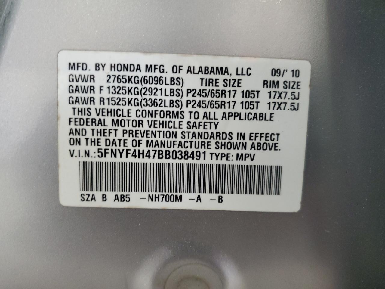 2011 Honda Pilot Ex VIN: 5FNYF4H47BB038491 Lot: 57569975