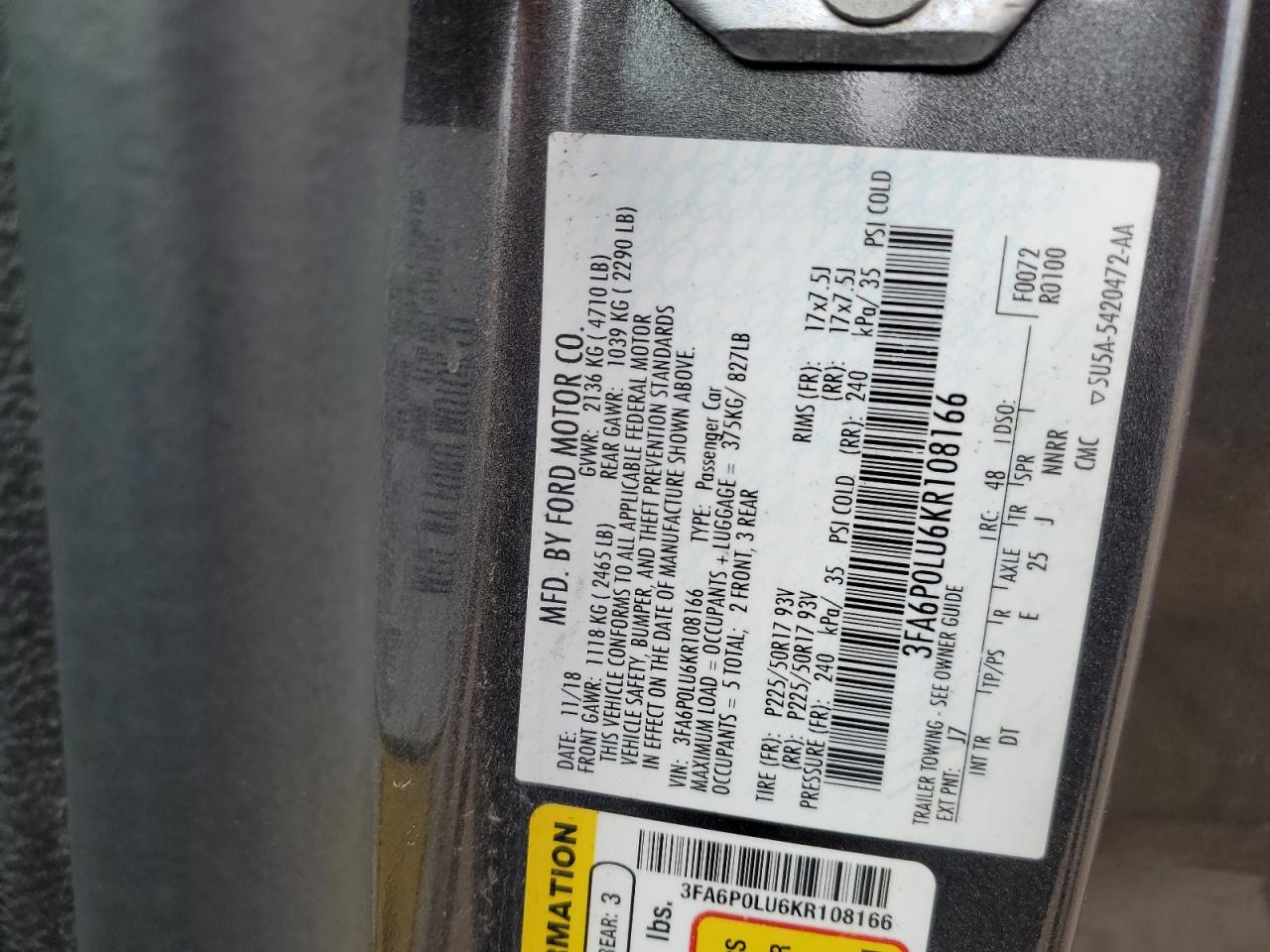 3FA6P0LU6KR108166 FORD FUSION 2019
