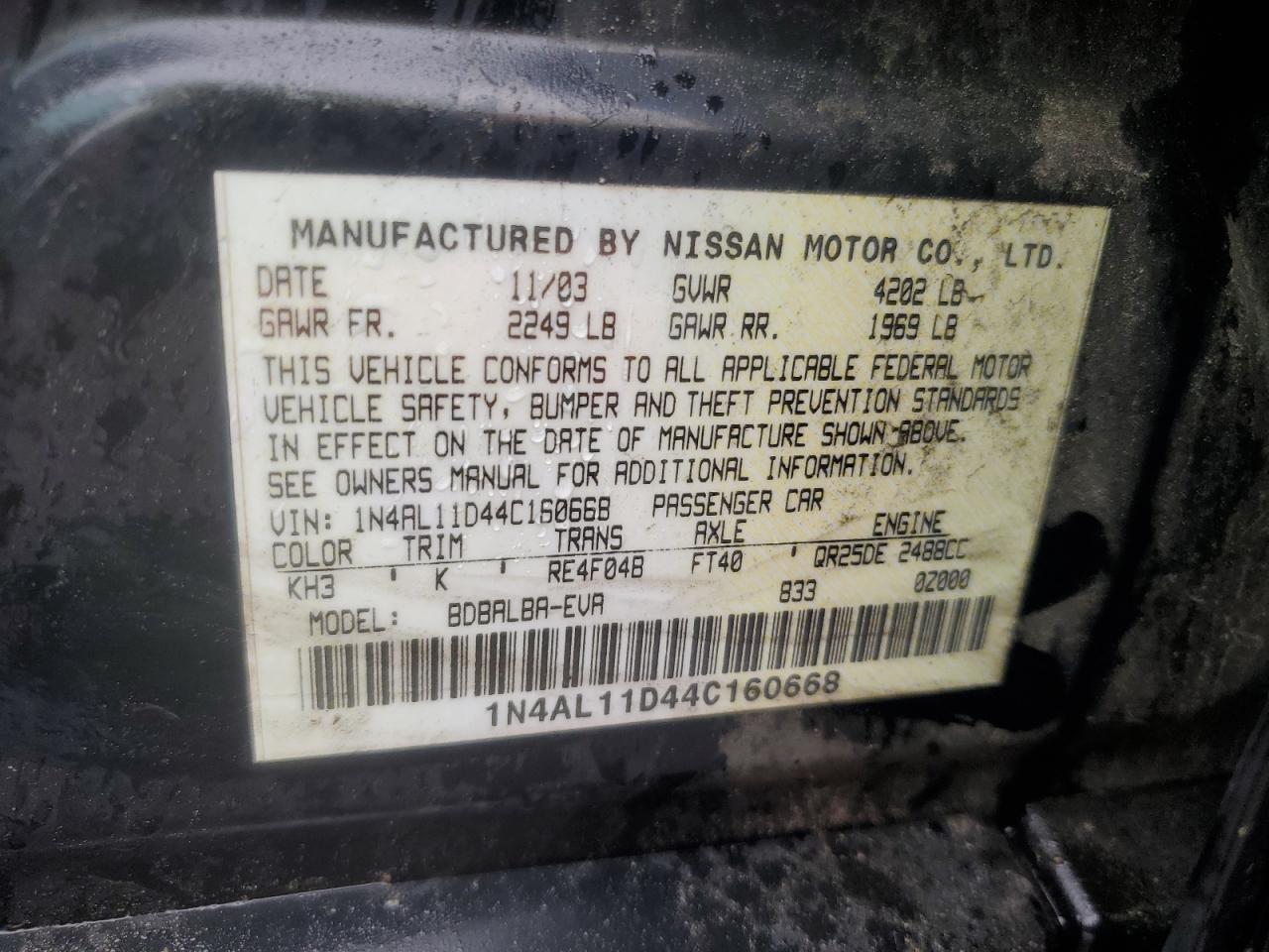 2004 Nissan Altima Base VIN: 1N4AL11D44C160668 Lot: 56476955