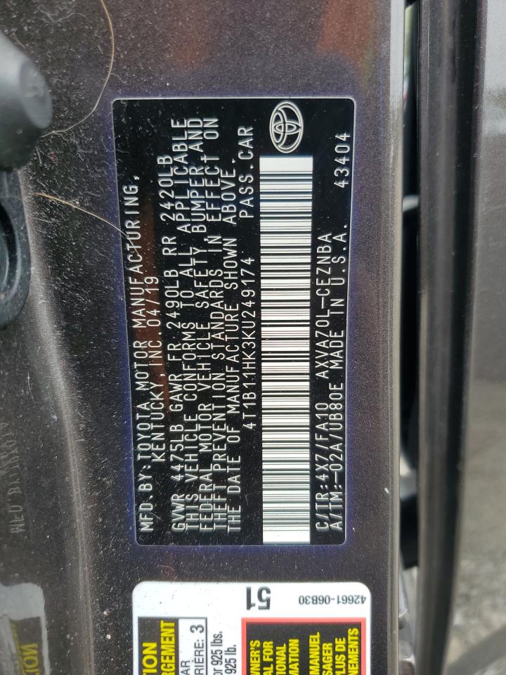 4T1B11HK3KU249174 TOYOTA CAMRY 2019