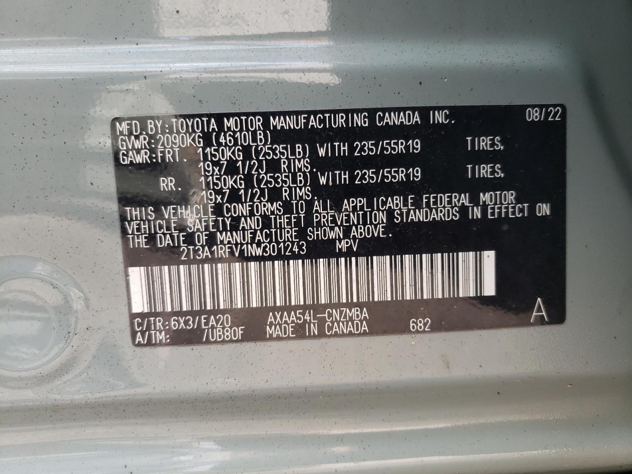 2T3A1RFV1NW301243 TOYOTA RAV4 2022