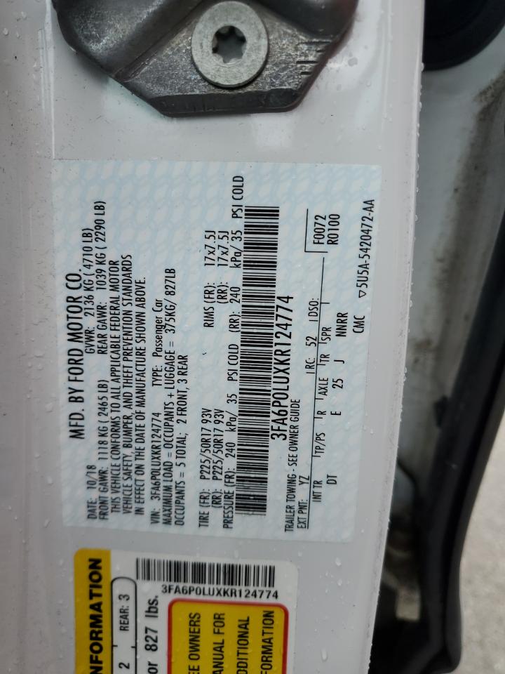 2019 Ford Fusion Se VIN: 3FA6P0LUXKR124774 Lot: 54034815