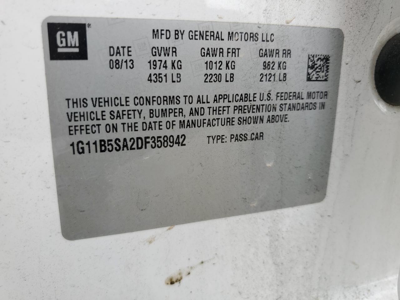 2013 Chevrolet Malibu Ls VIN: 1G11B5SA2DF358942 Lot: 56642915
