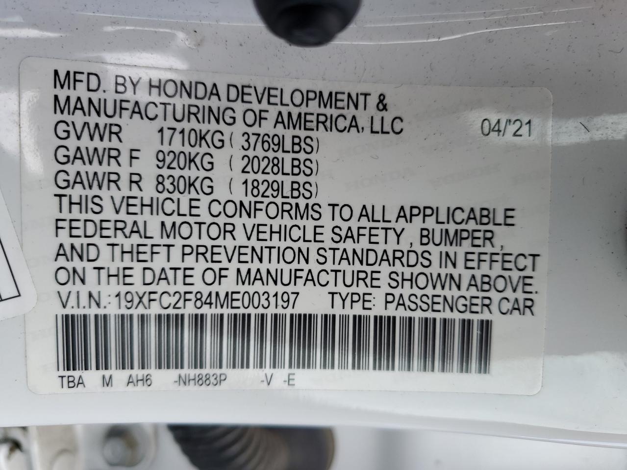 2021 Honda Civic Sport VIN: 19XFC2F84ME003197 Lot: 57131025