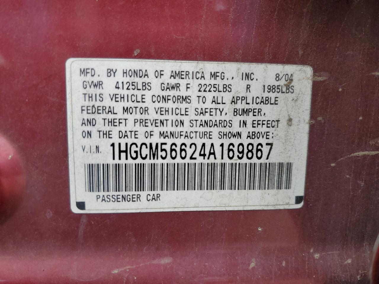 2004 Honda Accord Ex VIN: 1HGCM56624A169867 Lot: 57039735