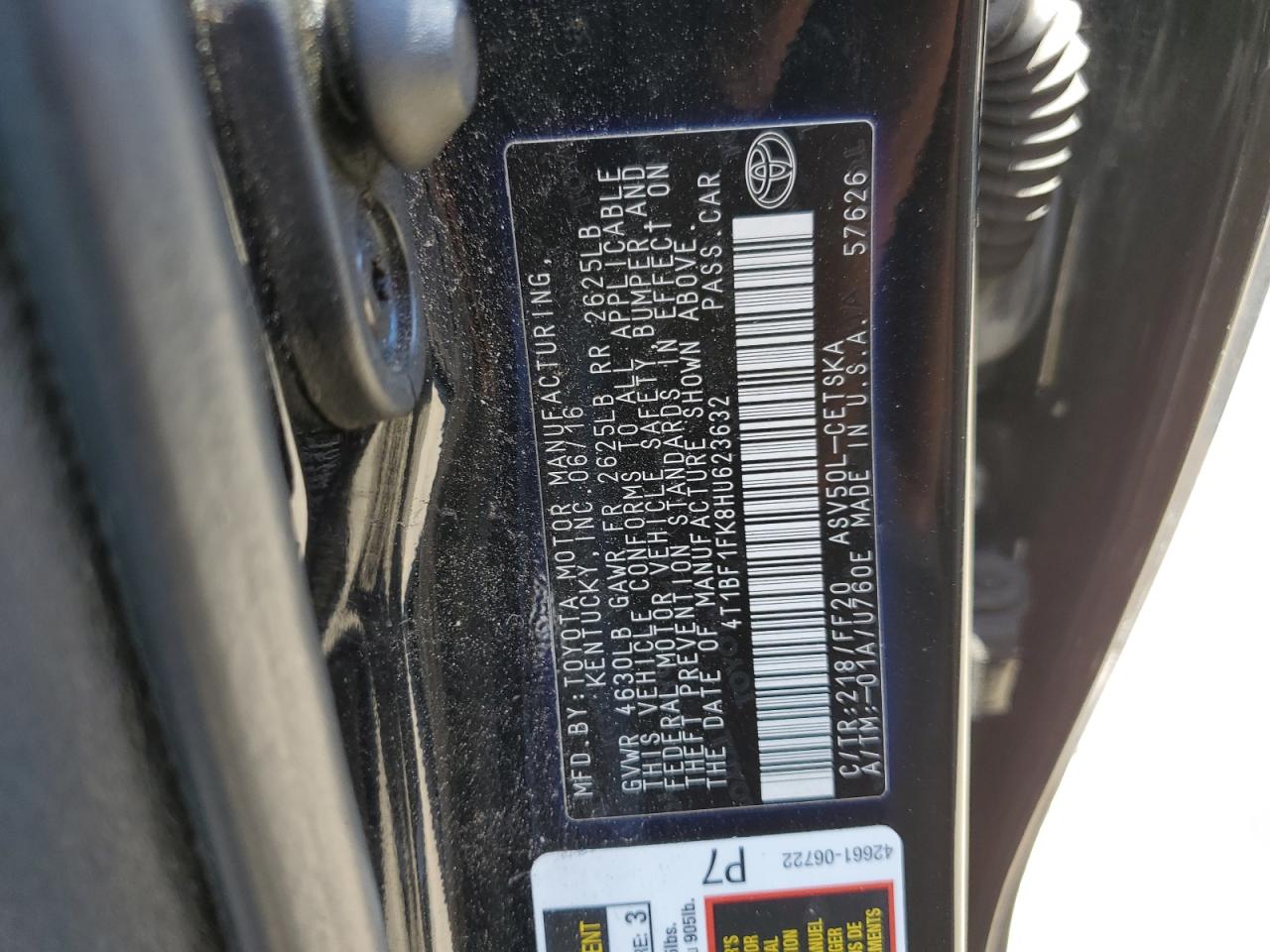 4T1BF1FK8HU623632 TOYOTA CAMRY 2017