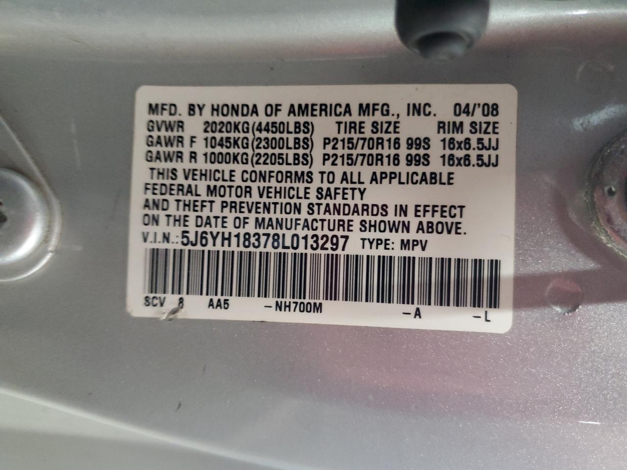 2008 Honda Element Lx VIN: 5J6YH18378L013297 Lot: 57203295