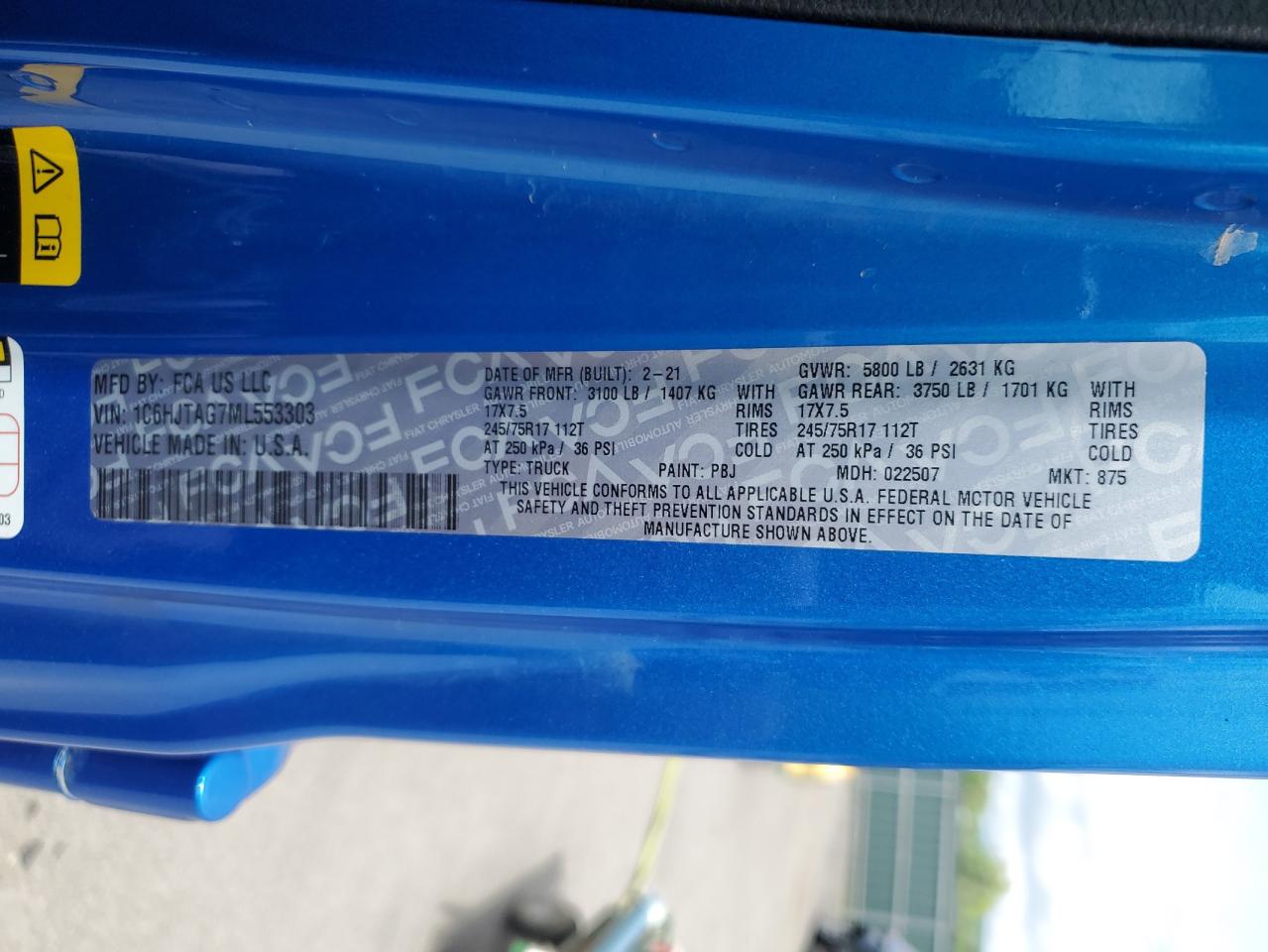 2021 Jeep Gladiator Sport VIN: 1C6HJTAG7ML553303 Lot: 57038585