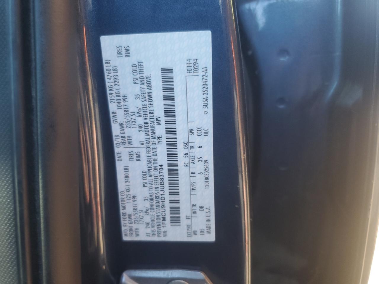 1FMCU9HD1JUB83704 FORD ESCAPE 2018