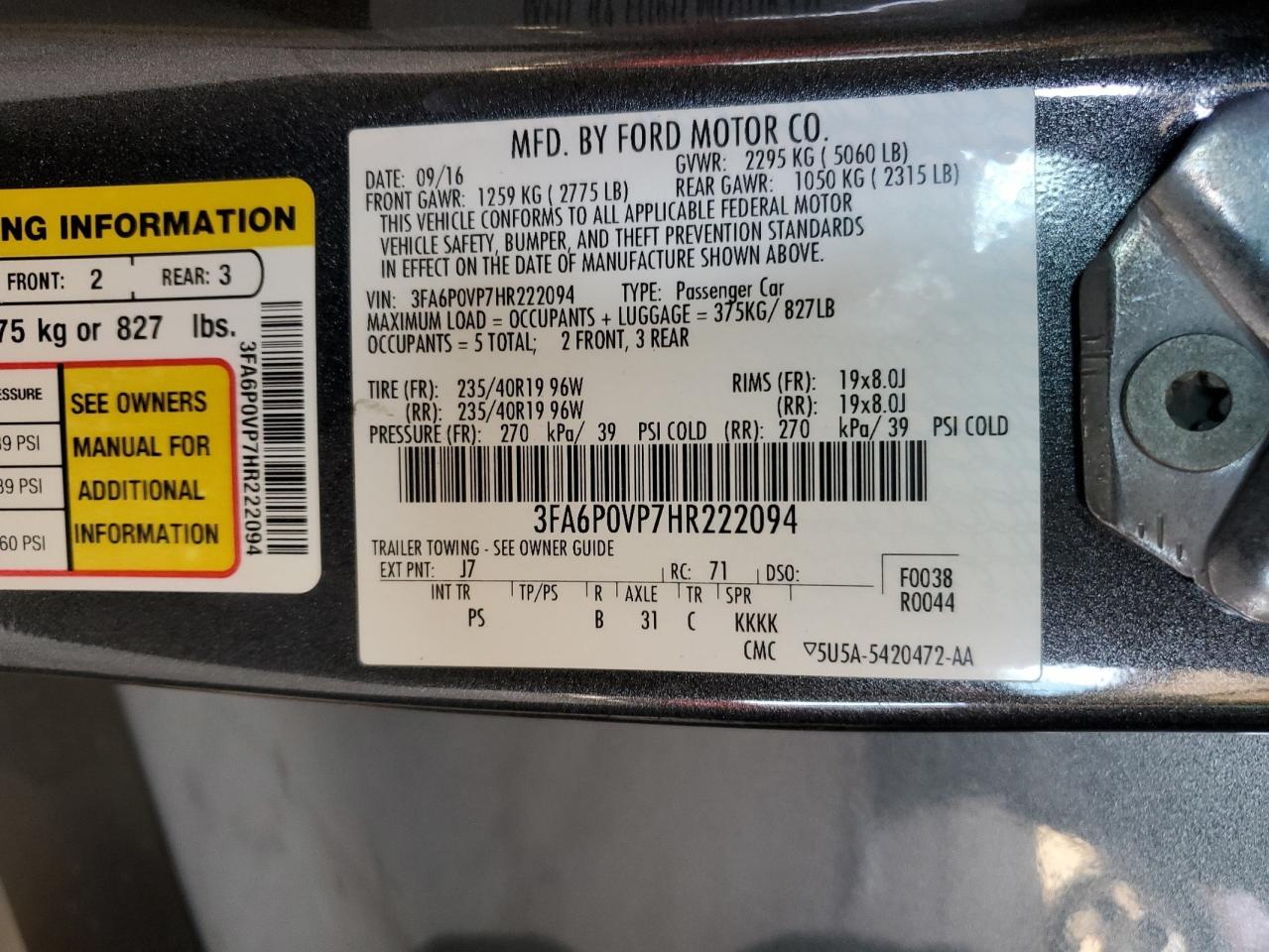 3FA6P0VP7HR222094 FORD FUSION 2017
