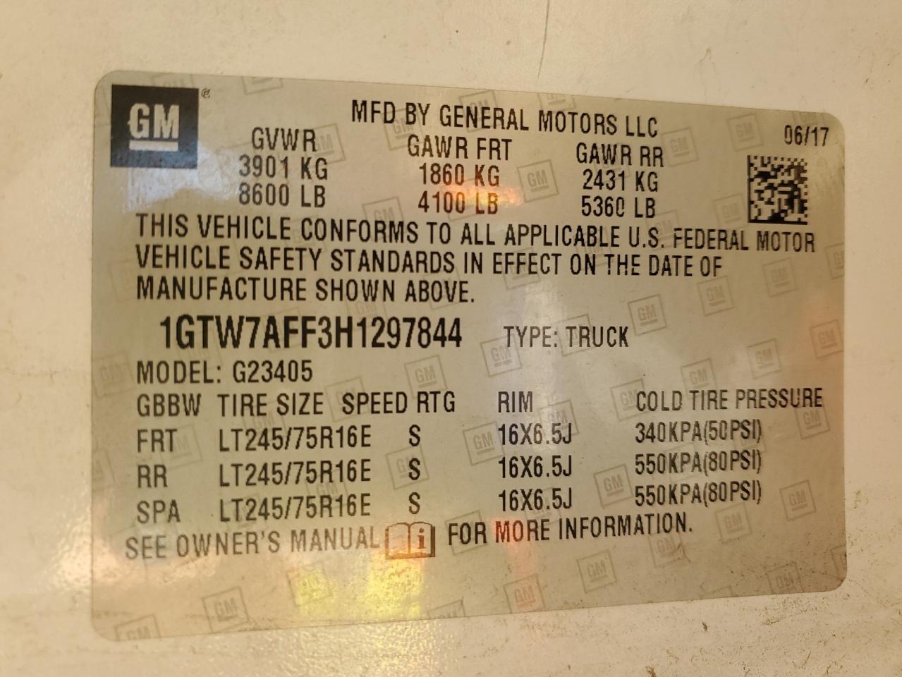 2017 GMC Savana G2500 VIN: 1GTW7AFF3H1297844 Lot: 56349845