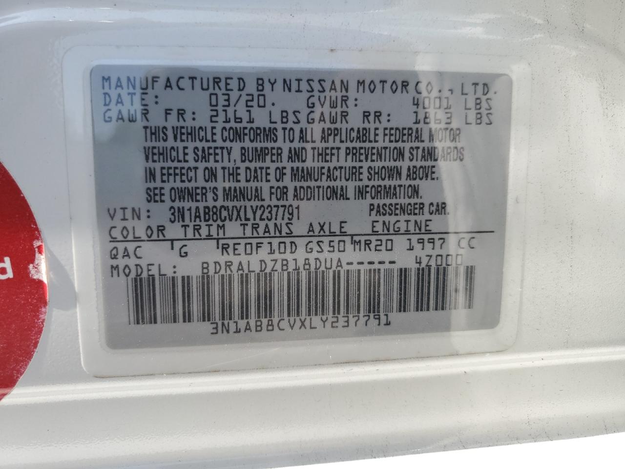 3N1AB8CVXLY237791 NISSAN SENTRA 2020