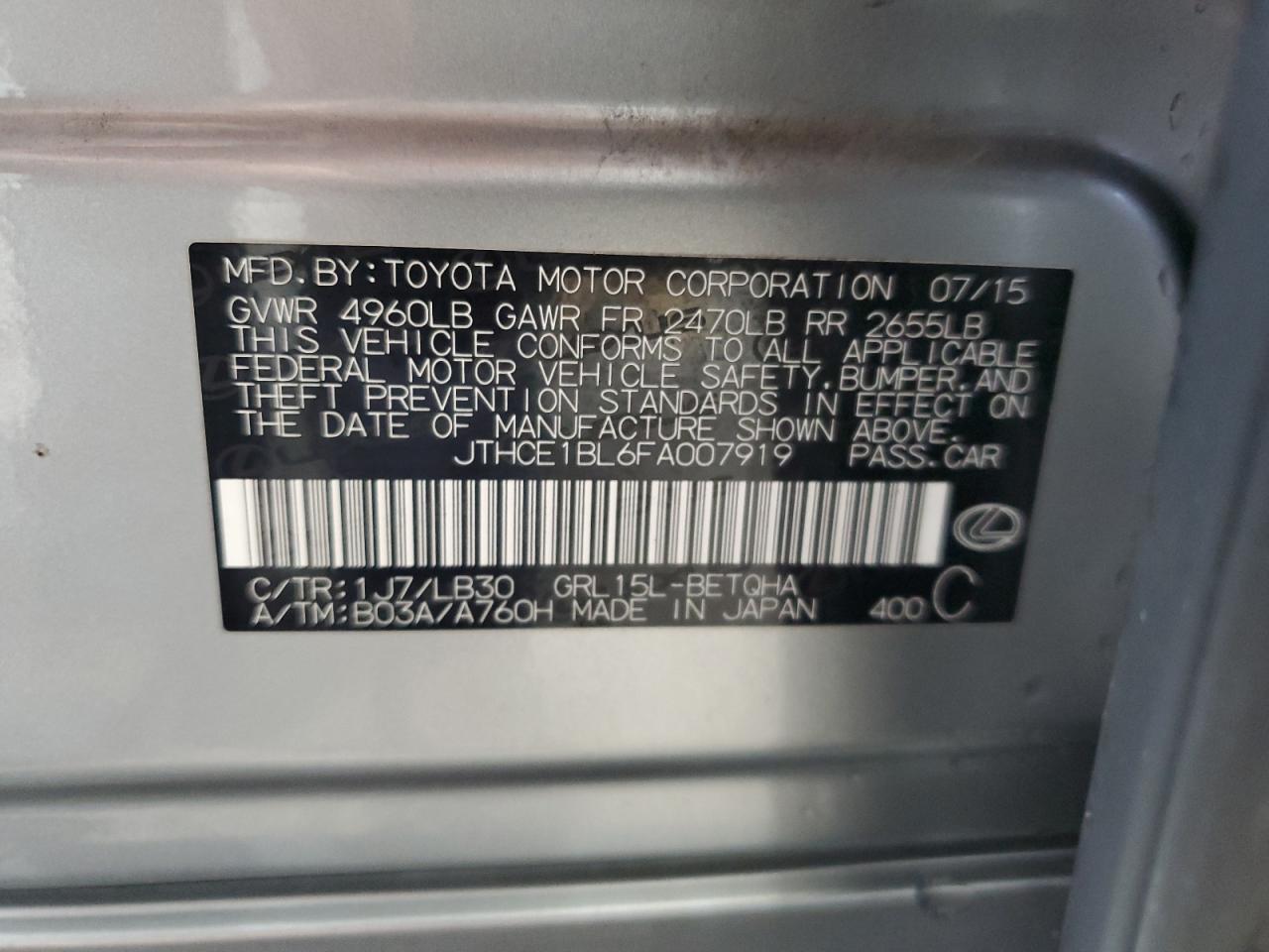2015 Lexus Gs 350 VIN: JTHCE1BL6FA007919 Lot: 58392475
