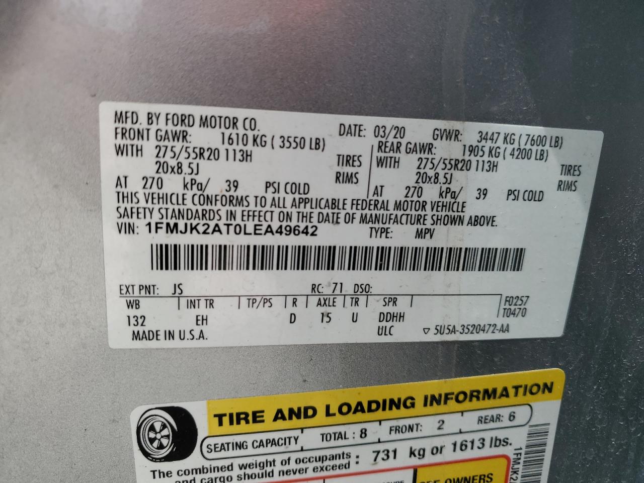 1FMJK2AT0LEA49642 FORD EXPEDITION 2020