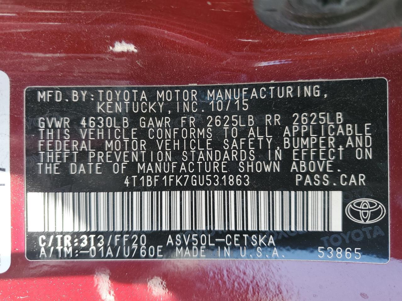 4T1BF1FK7GU531863 TOYOTA CAMRY 2016