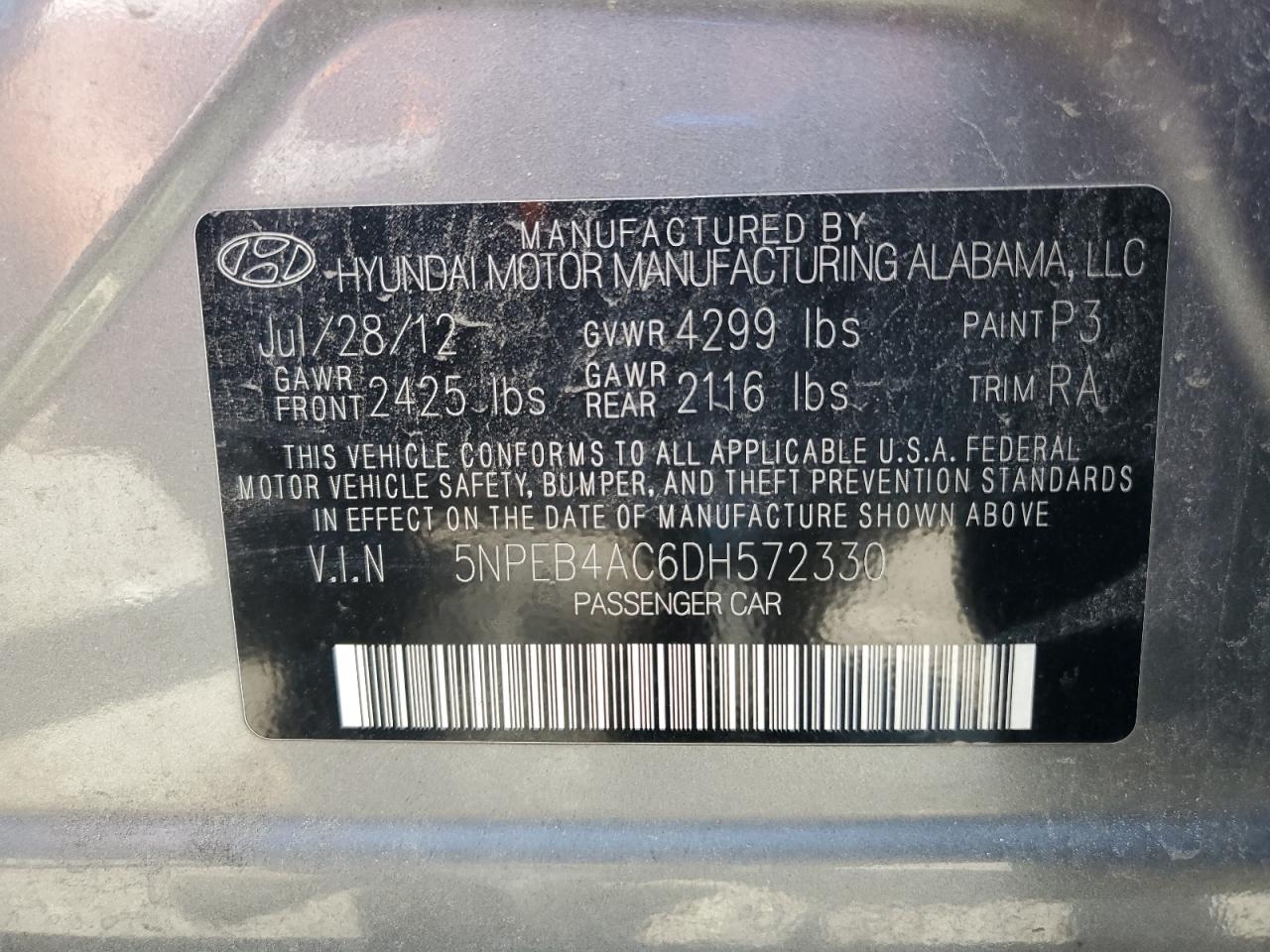 2013 Hyundai Sonata Gls VIN: 5NPEB4AC6DH572330 Lot: 58097305