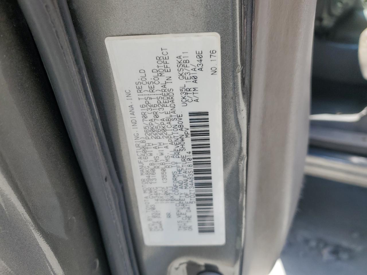 2003 Toyota Sequoia Sr5 VIN: 5TDZT34A83S181014 Lot: 58246885