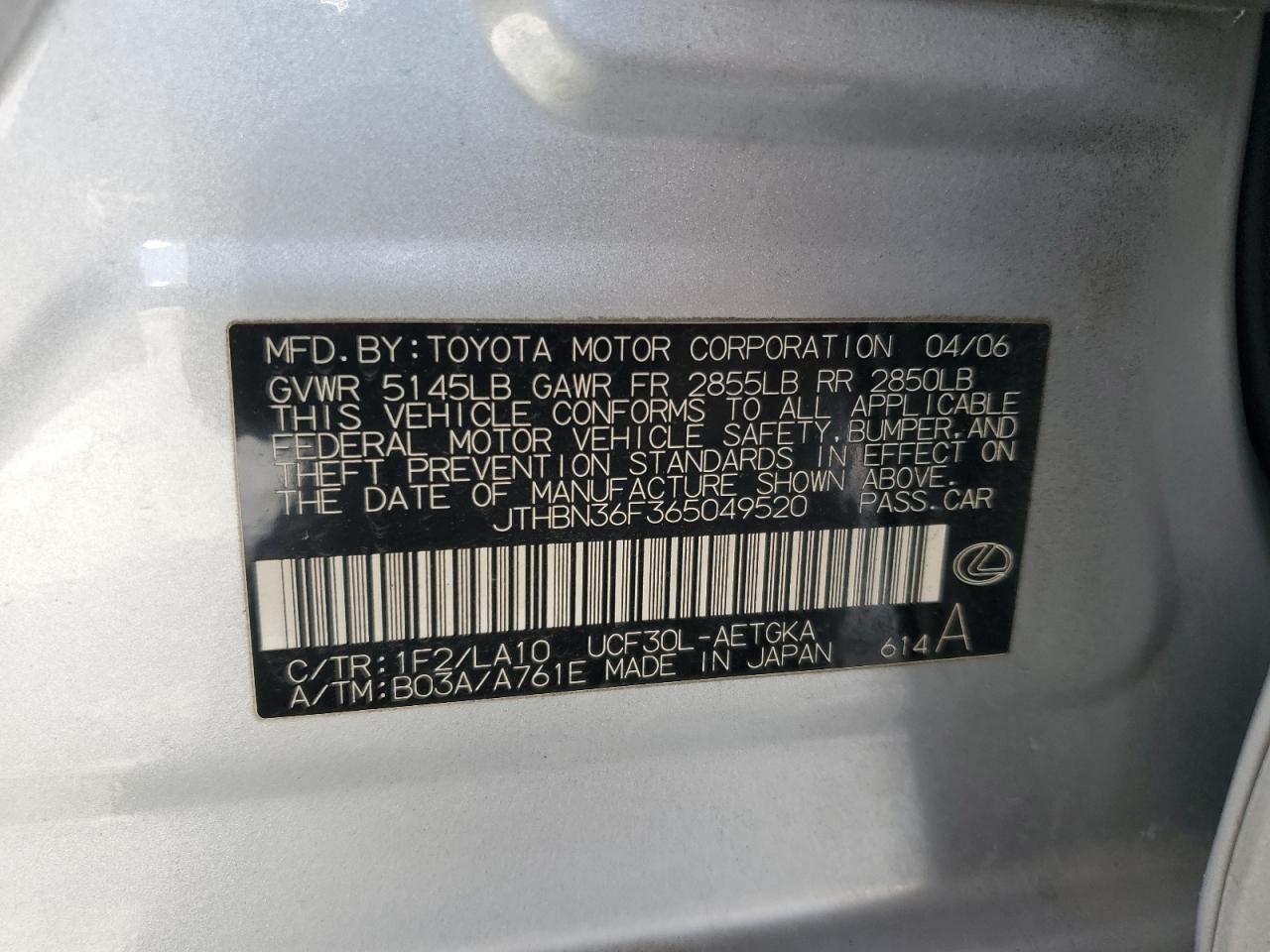 2006 Lexus Ls 430 VIN: JTHBN36F365049520 Lot: 57159775