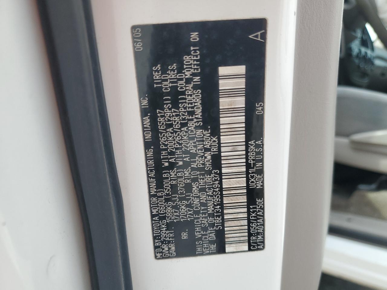 2005 Toyota Tundra Double Cab Sr5 VIN: 5TBET34195S494373 Lot: 58874755