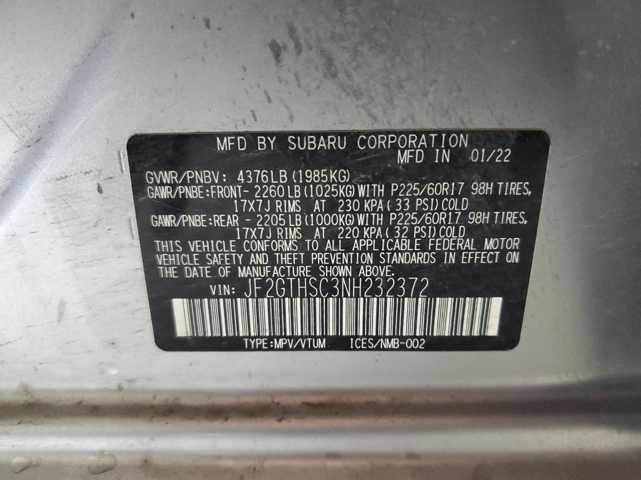 2022 Subaru Crosstrek Sport VIN: JF2GTHSC3NH232372 Lot: 56535615