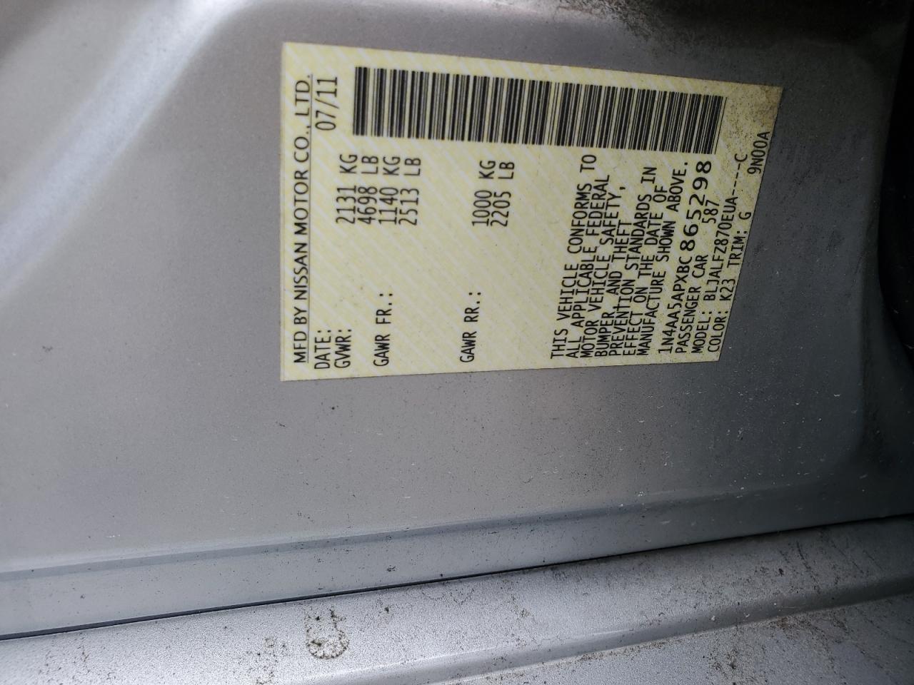 2011 Nissan Maxima S VIN: 1N4AA5APXBC865298 Lot: 56511135