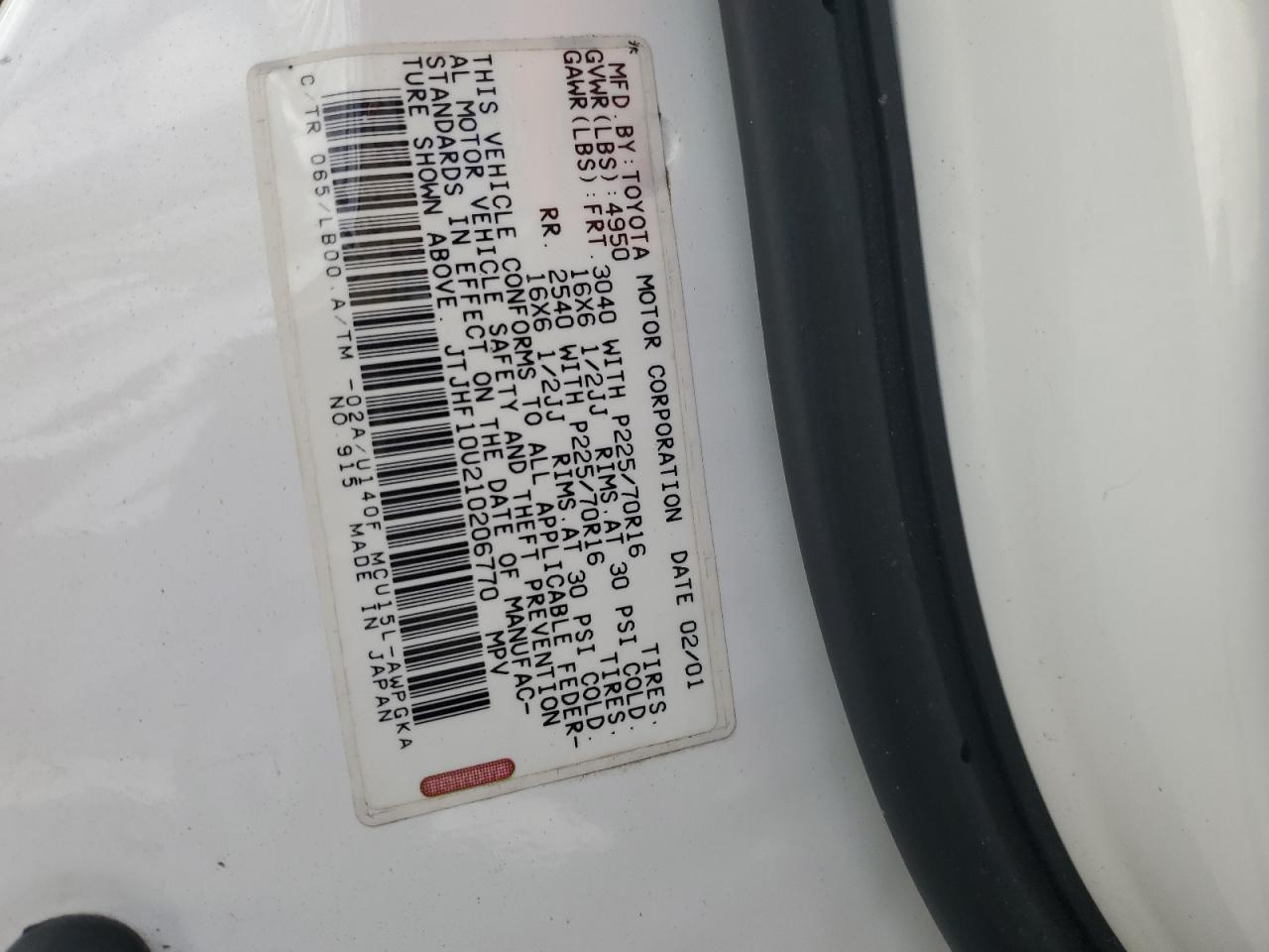 2001 Lexus Rx 300 VIN: JTJHF10U210206770 Lot: 55502095