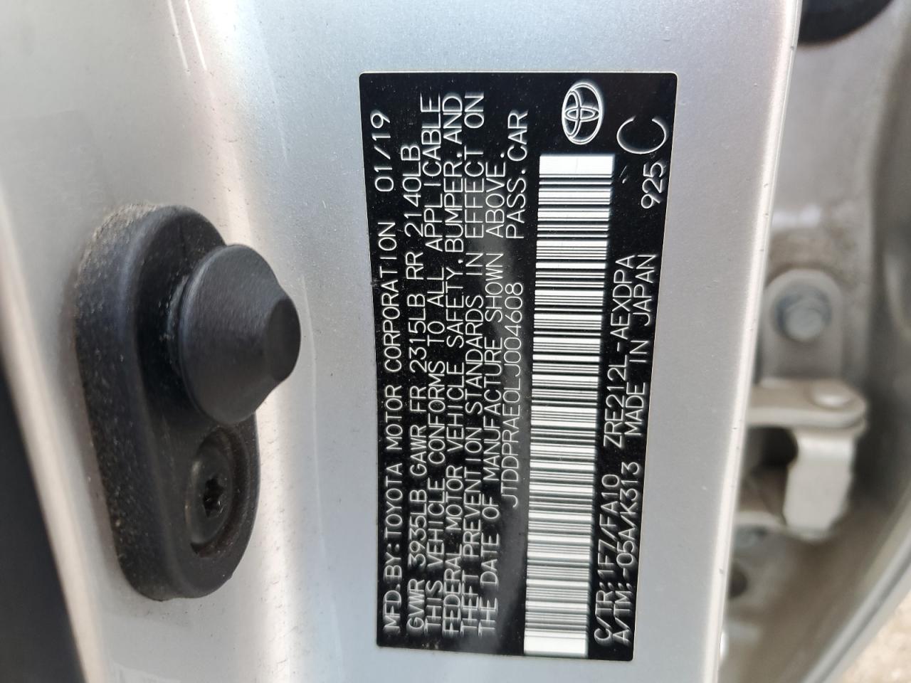 JTDDPRAE0LJ004608 TOYOTA COROLLA 2020