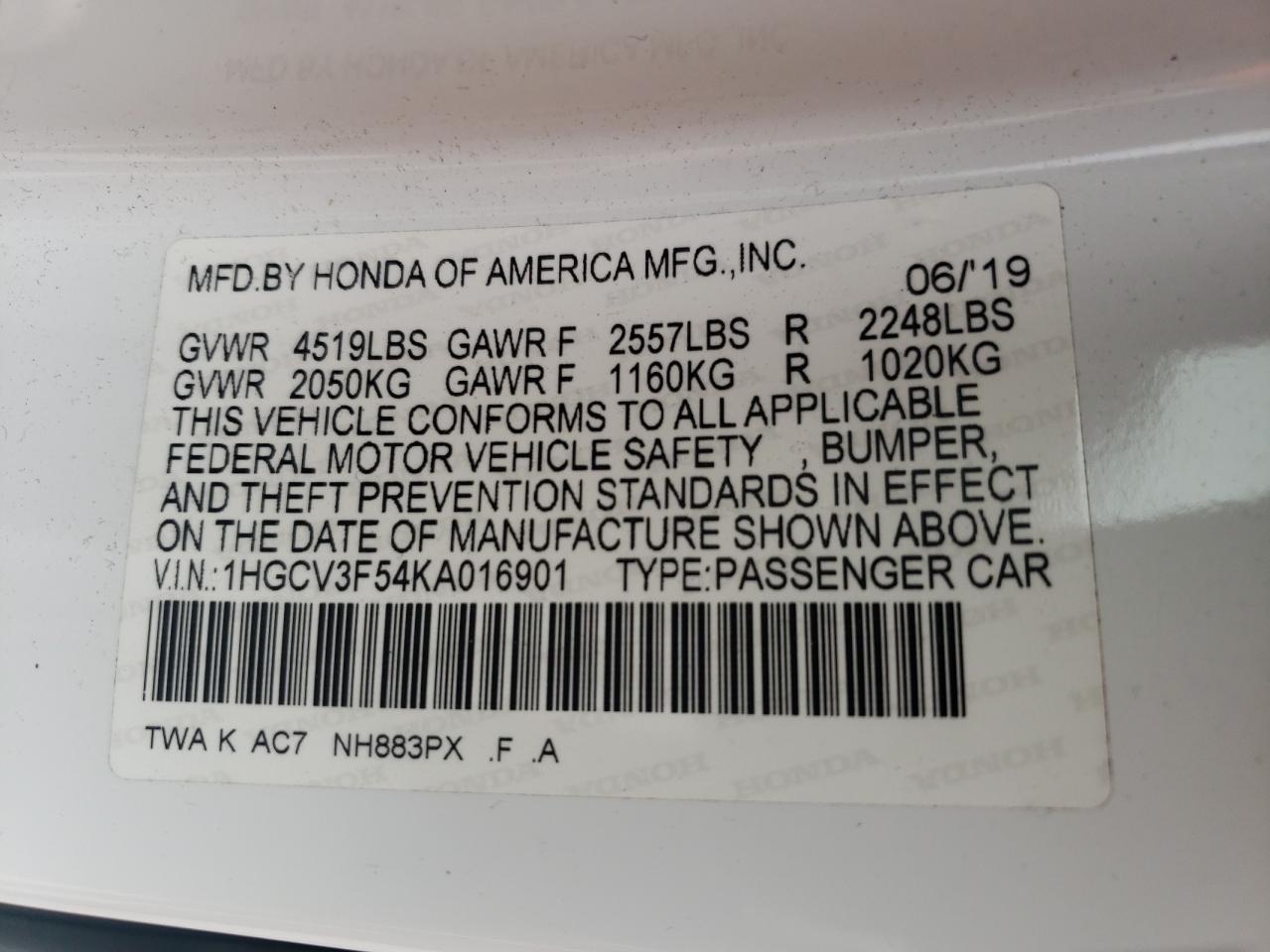 1HGCV3F54KA016901 HONDA ACCORD 2019