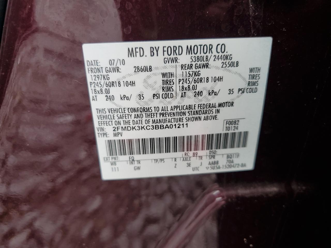 2011 Ford Edge Limited VIN: 2FMDK3KC3BBA01211 Lot: 56788475
