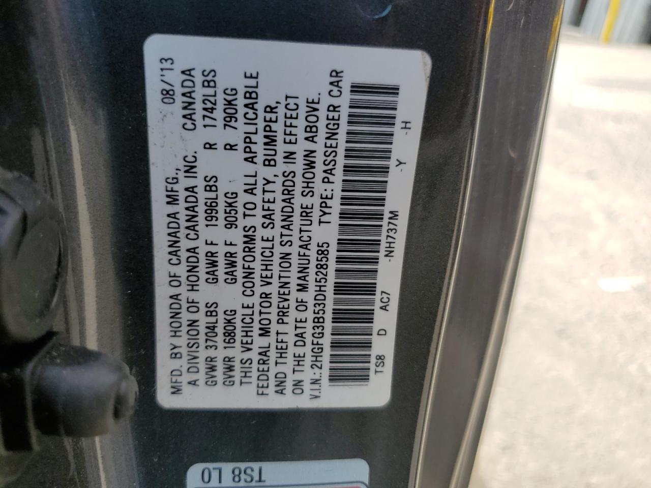 2013 Honda Civic Lx VIN: 2HGFG3B53DH528585 Lot: 57057545