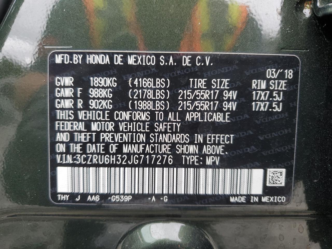 3CZRU6H32JG717276 HONDA HR-V 2018