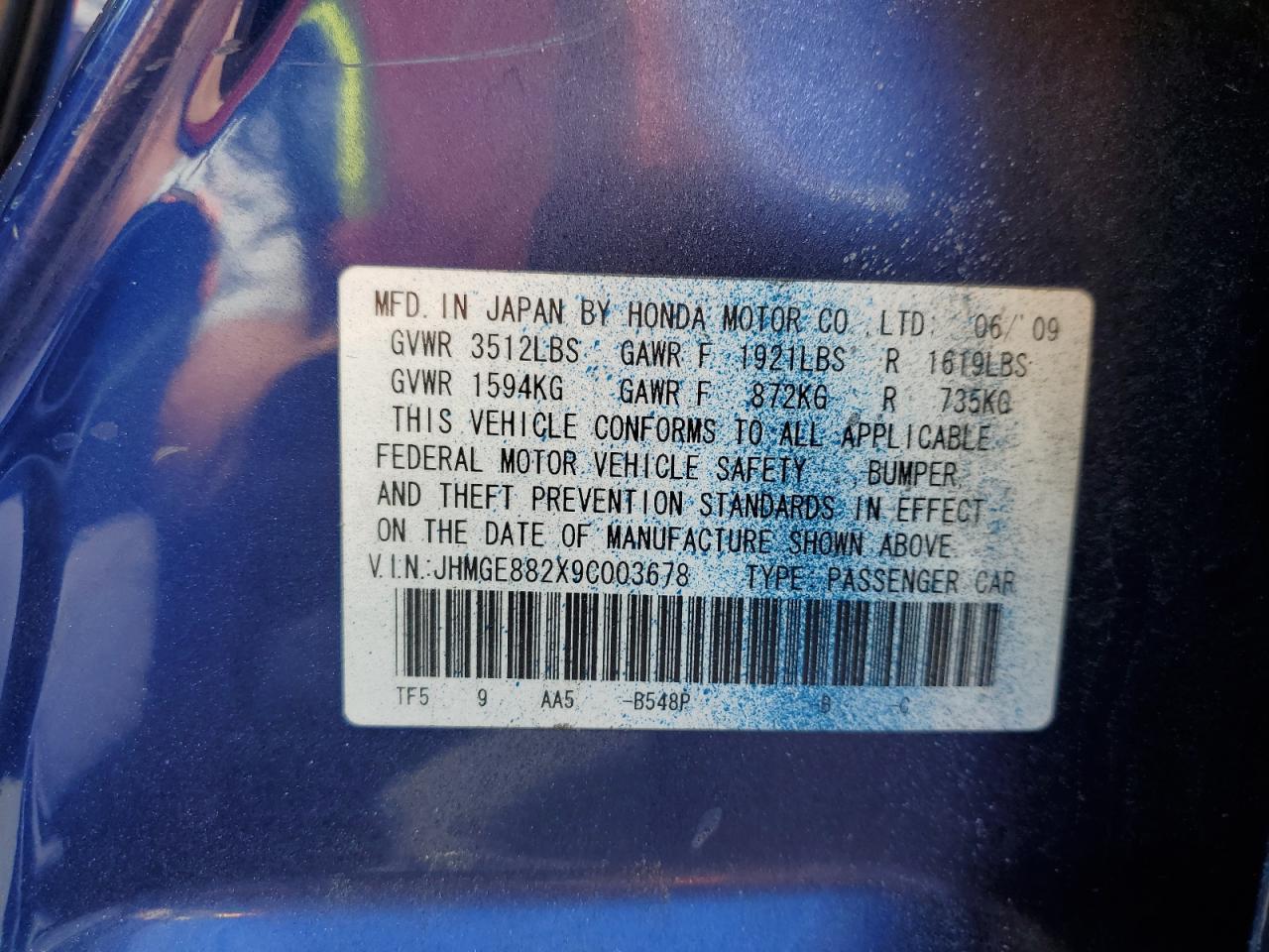 2009 Honda Fit VIN: JHMGE882X9C003678 Lot: 56688265
