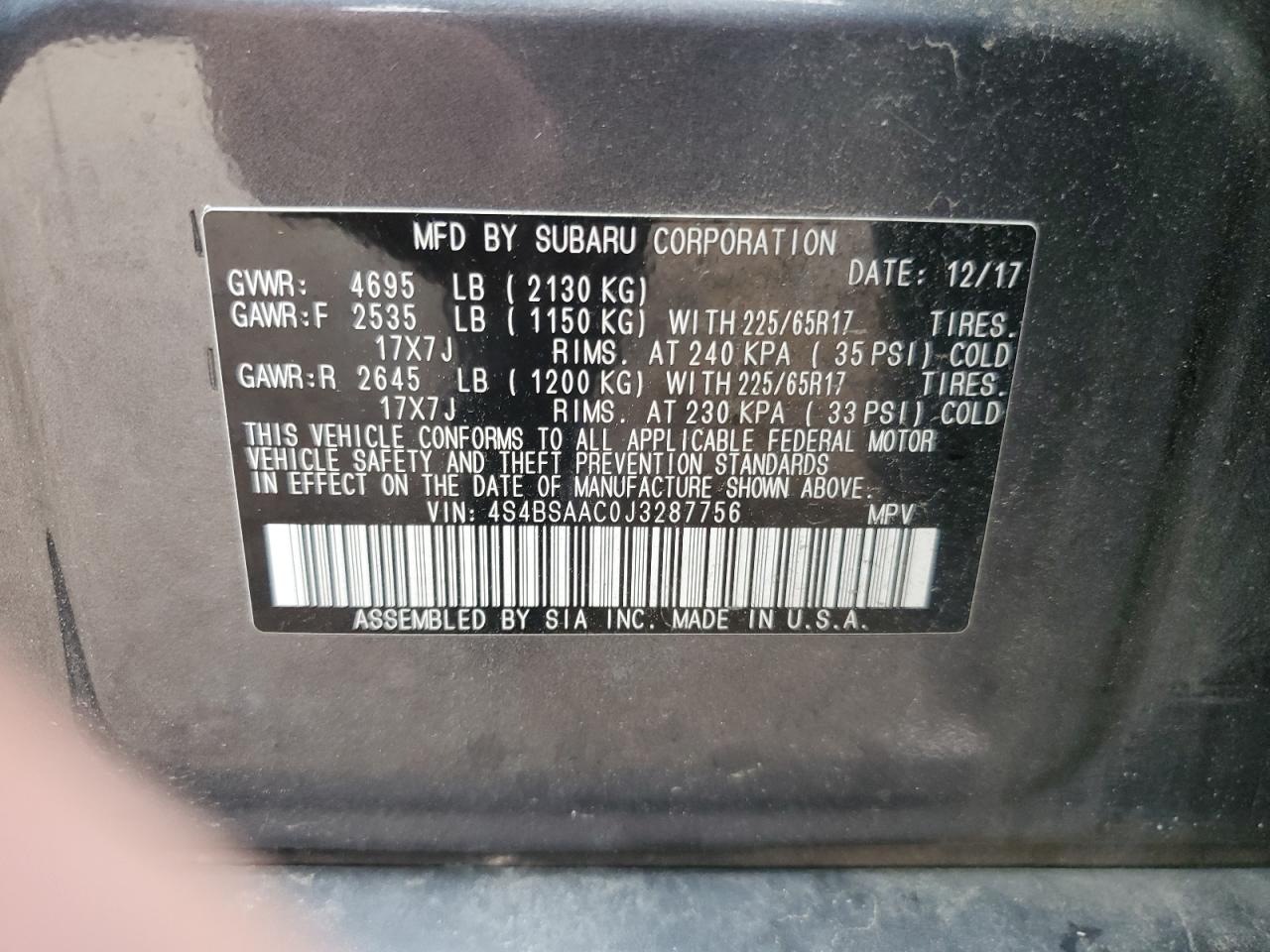 2018 Subaru Outback 2.5I VIN: 4S4BSAAC0J3287756 Lot: 54950505