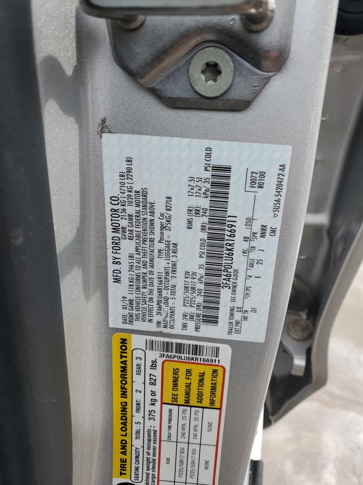 3FA6P0LU6KR166911 FORD FUSION 2019