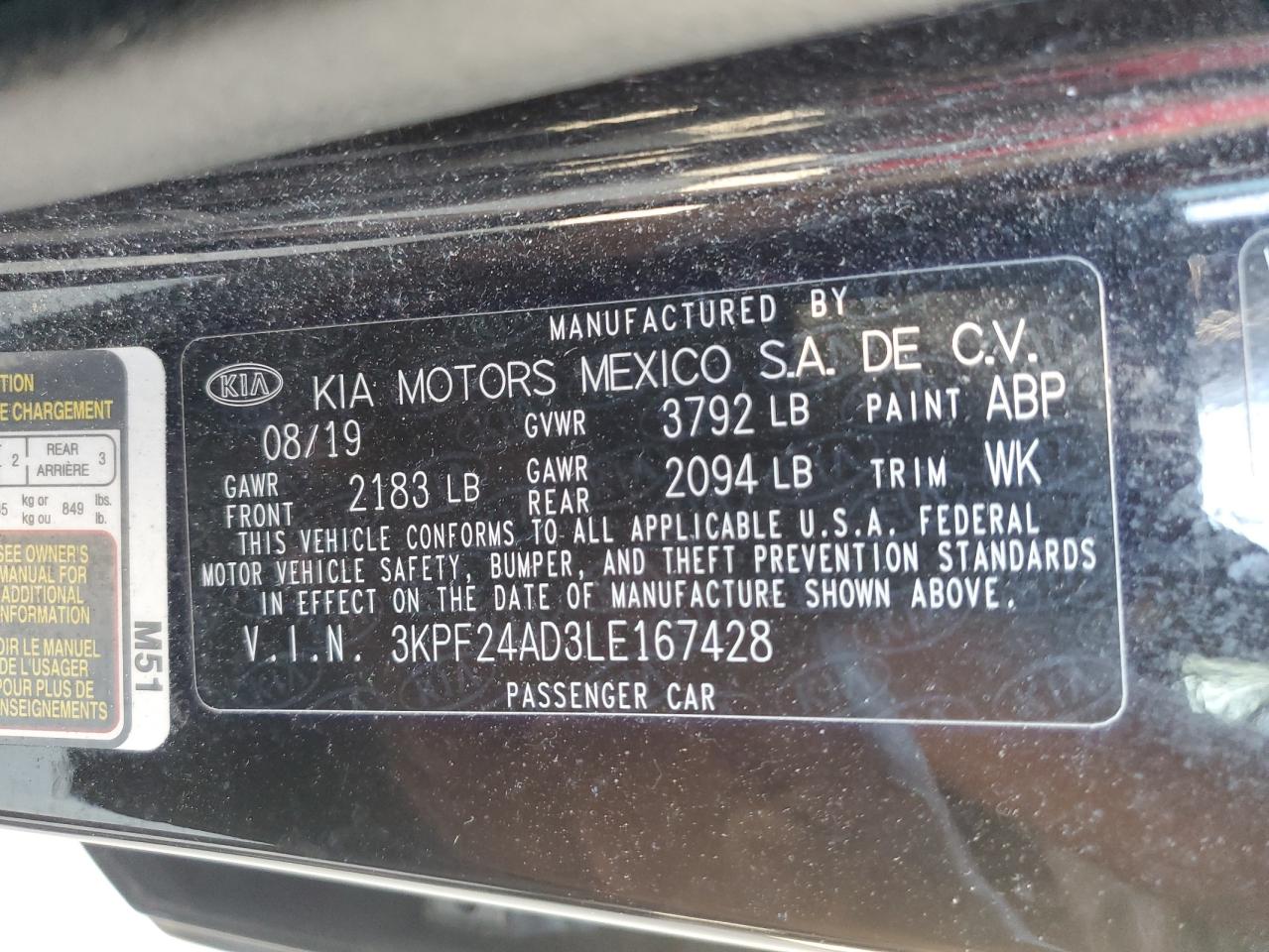 2020 Kia Forte Fe VIN: 3KPF24AD3LE167428 Lot: 57053675