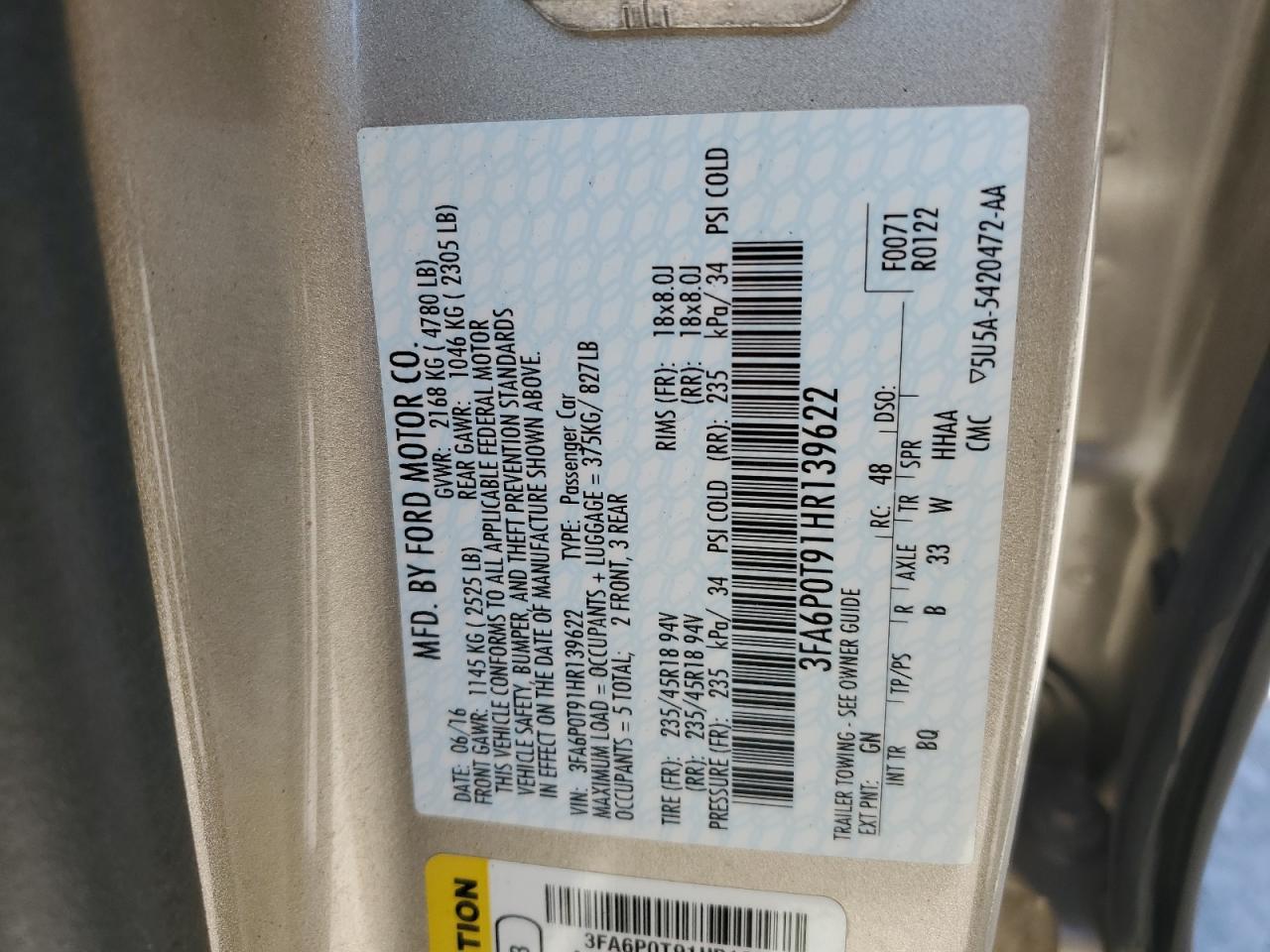 3FA6P0T91HR139622 FORD FUSION 2017