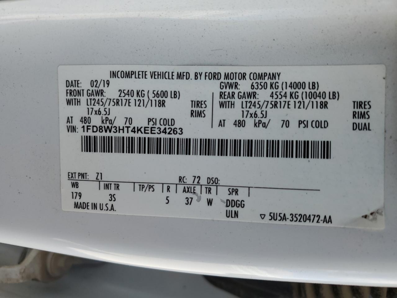 2019 Ford F350 Super Duty VIN: 1FD8W3HT4KEE34263 Lot: 55737225