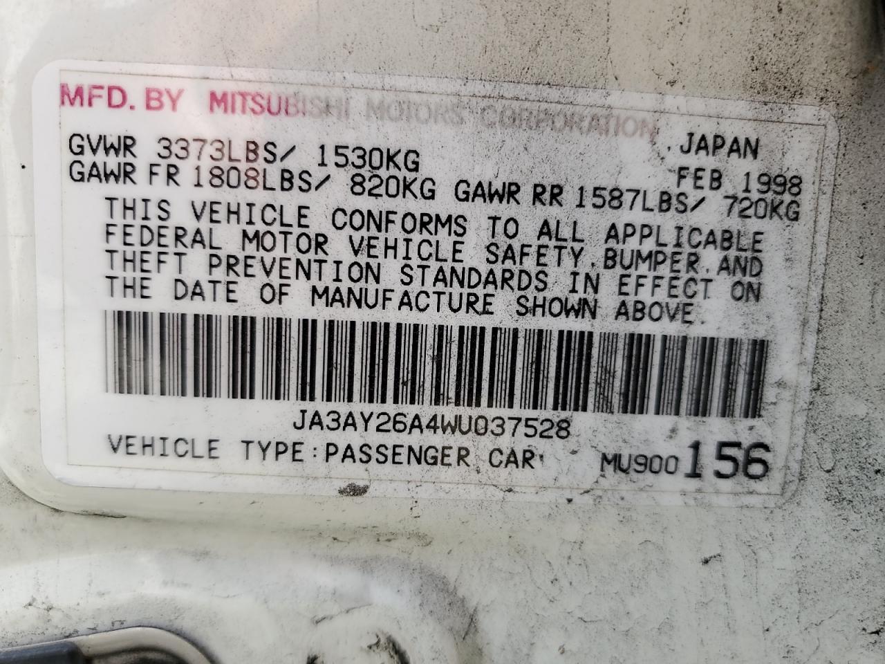 1998 Mitsubishi Mirage De VIN: JA3AY26A4WU037528 Lot: 56587165