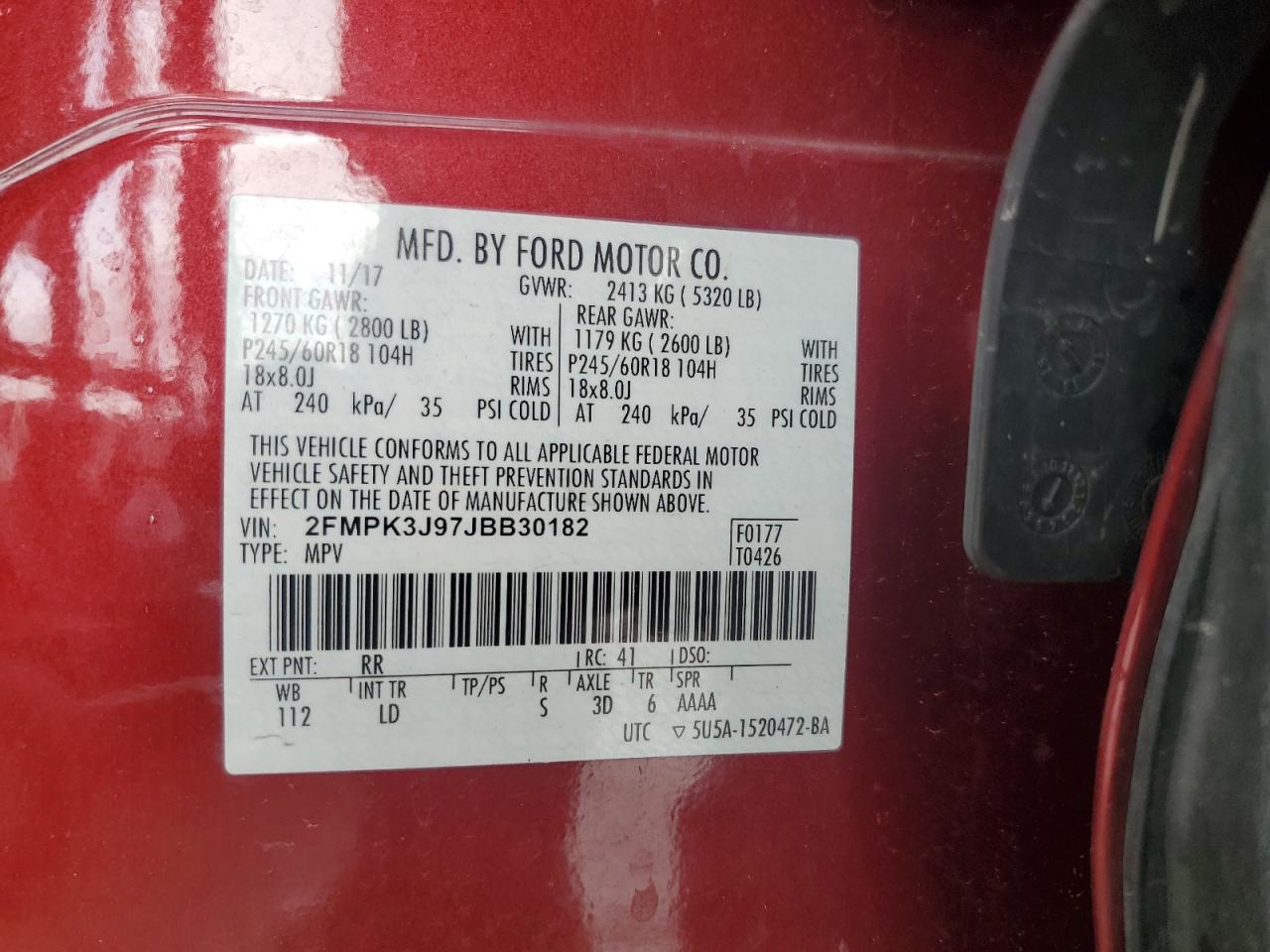 2018 Ford Edge Sel VIN: 2FMPK3J97JBB30182 Lot: 56240365