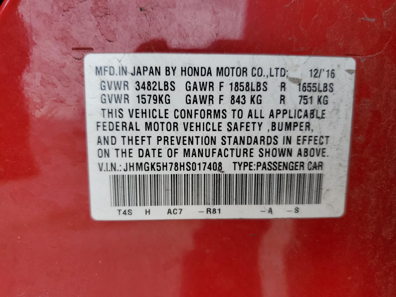 2017 Honda Fit Ex VIN: JHMGK5H78HS017408 Lot: 56648655