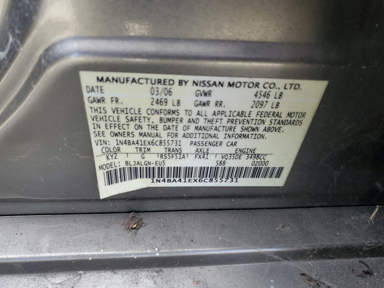 2006 Nissan Maxima Se VIN: 1N4BA41EX6C855731 Lot: 56752135